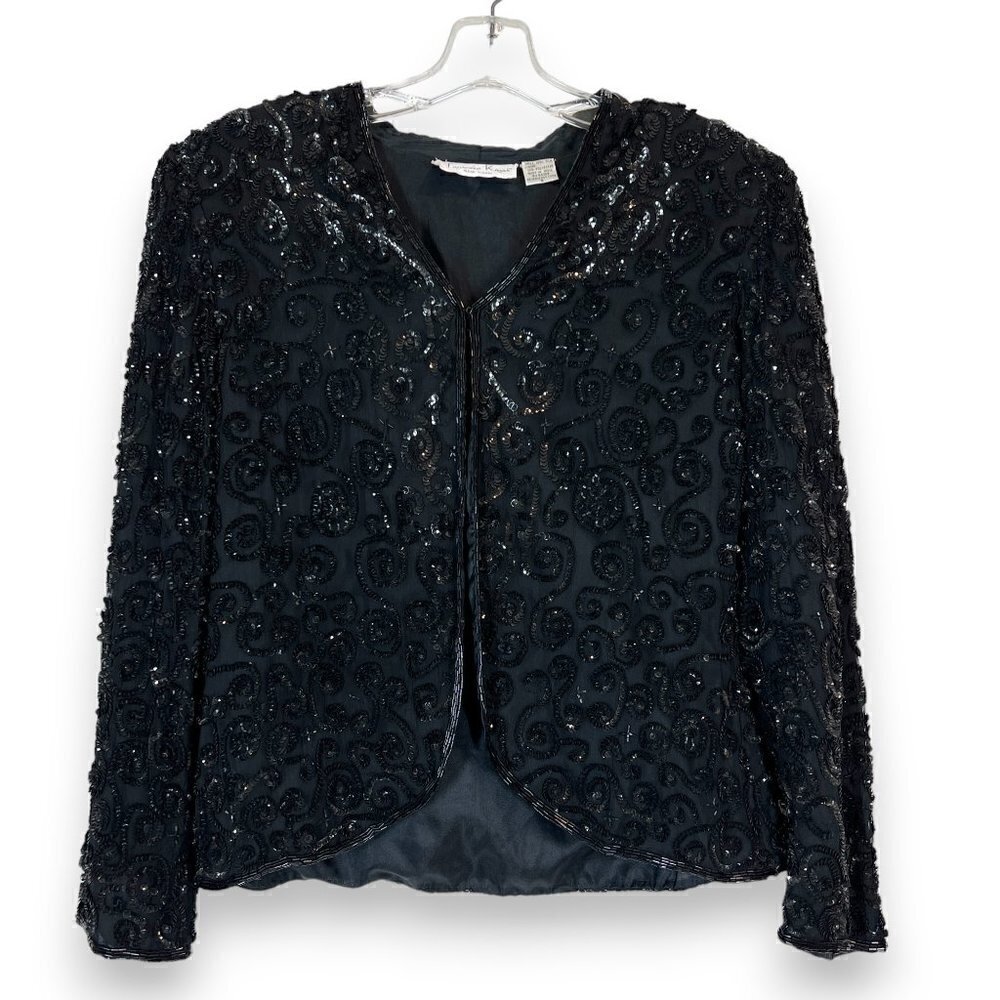Vintage Black Silk Party Jacket Sequin Formal Retro Small